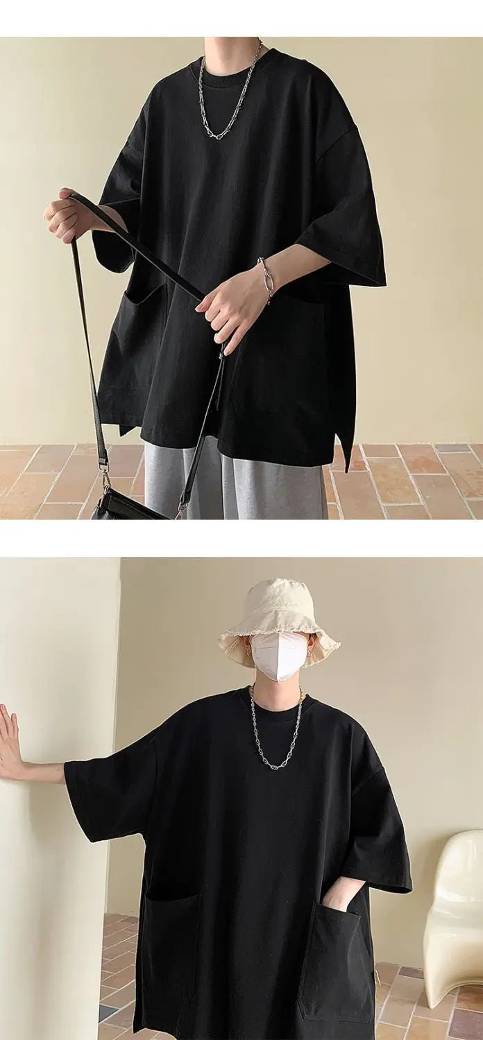 Men's Pocket Patchwork O-Neck Solid Short Sleeve T-Shirts Loose Fashion Summer New Plus Size Basic Tops Trend Casual Men Clothes