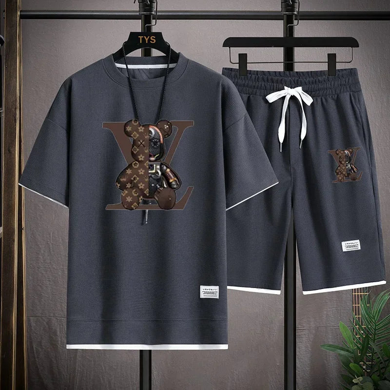 Summer new men's short-sleeved set, a fashionable outdoor casual men's short-sleeved T-shirt and sports shorts 2-piece set