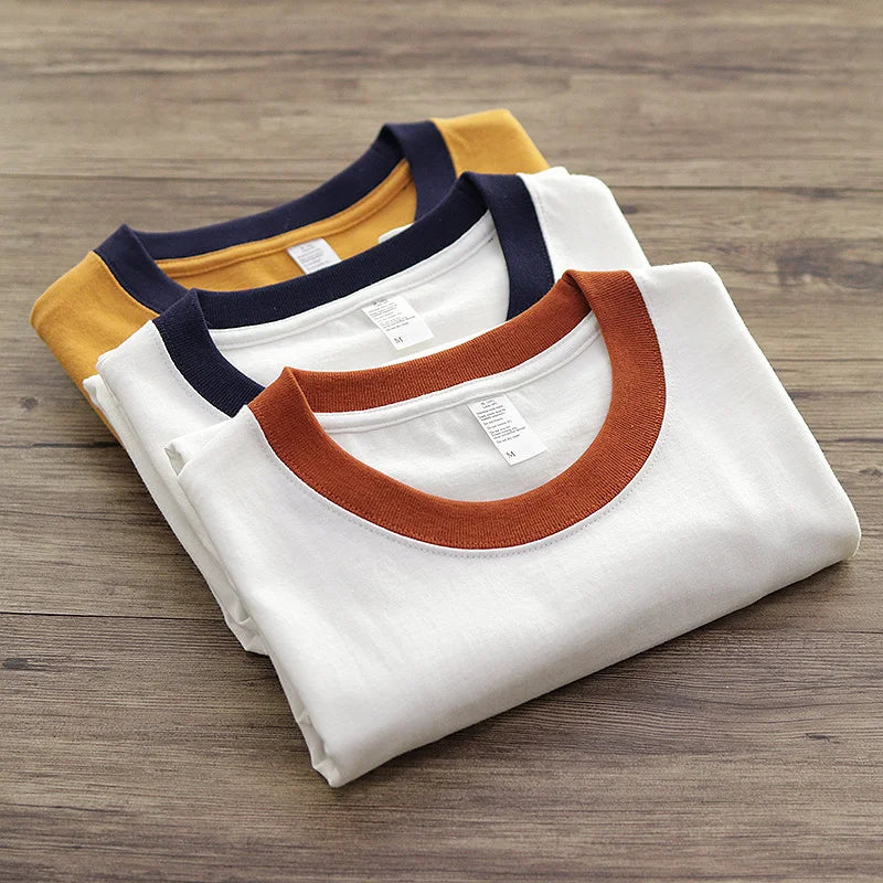 Summer American Retro 260G Heavyweight Contrasting Color T-shirt Men's Amei Kaji 100% Cotton Short Sleeve O-neck Tops Ringer TEE