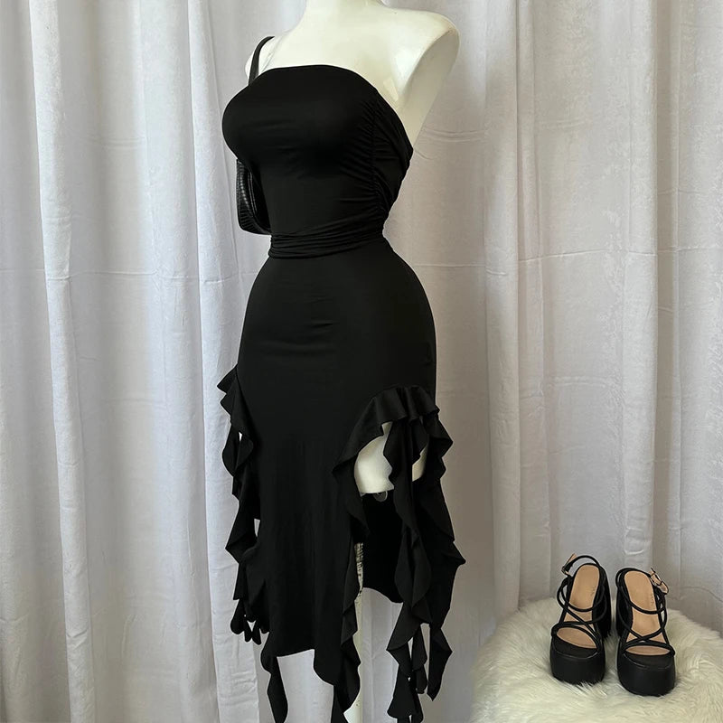 Women Strapless Floral Mini Dress With High Slit Backless Sleeveless Black Pink