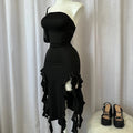 Women Strapless Floral Mini Dress With High Slit Backless Sleeveless Black Pink