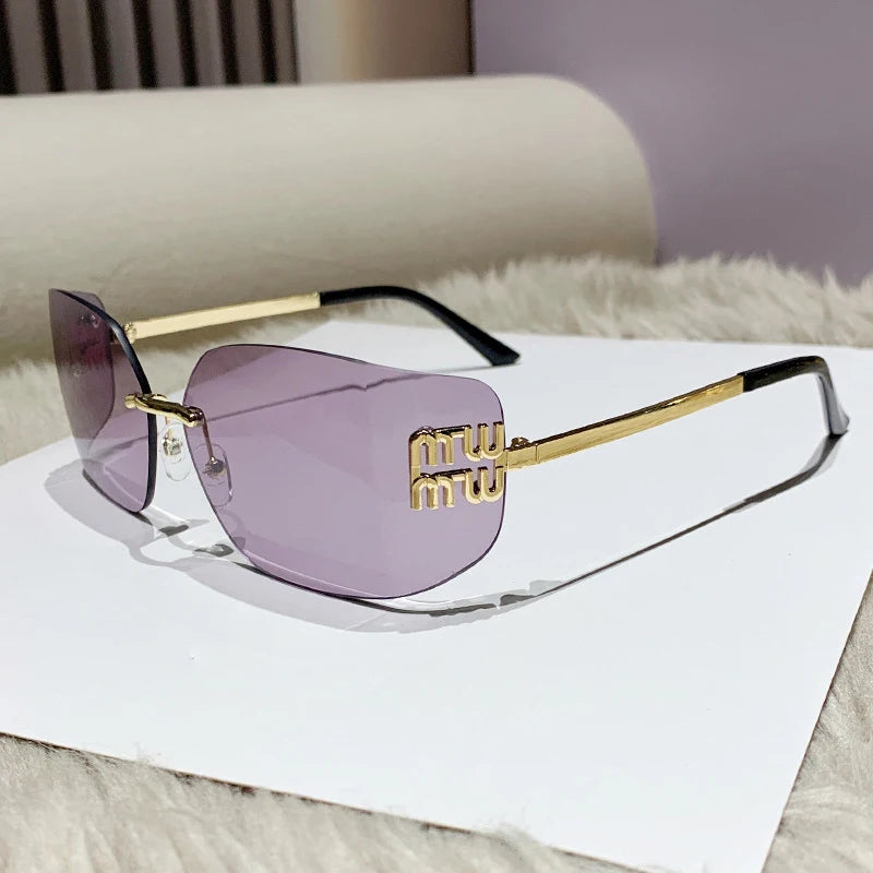 NEW Classic Sun Glasses Female Funky Metal Luxury Rimless Sunglasses Women BrandDesigner Rivets Rectangle Gradient Curved Shades