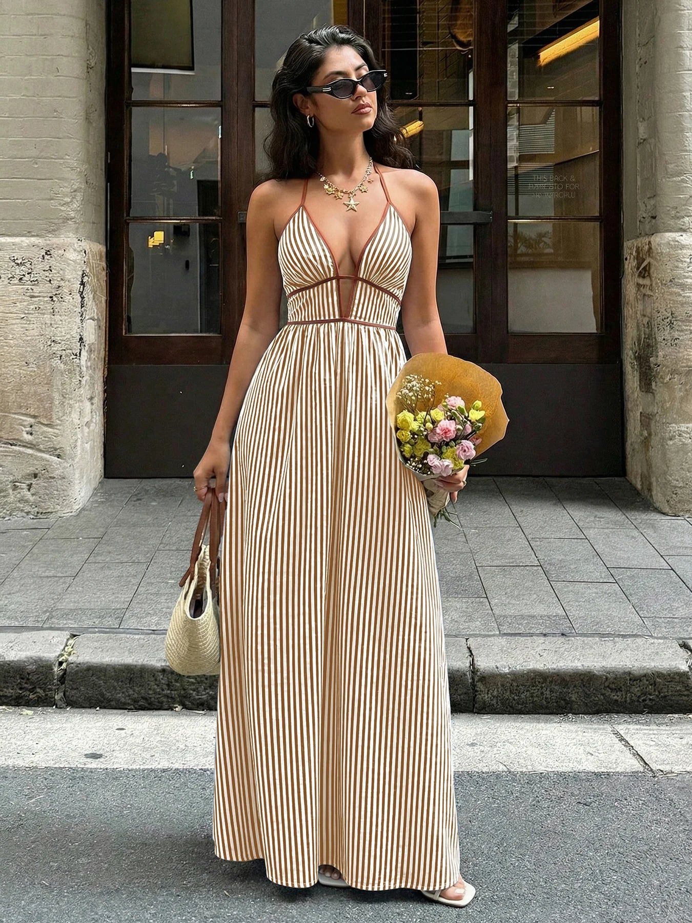 2026 Summer Striped Deep V Neck Backless Sleeveless Beach Long Dress