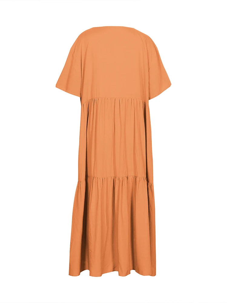 Plus Size Women's V Neck Pleated Solid Ankle Length Dress For Spring Summer