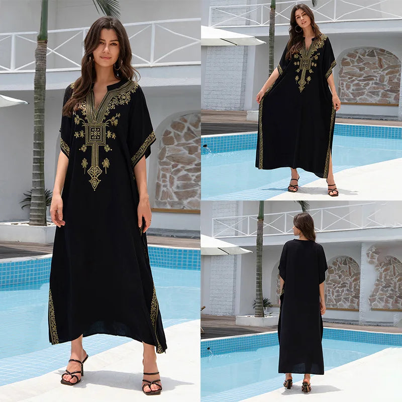 New Fashion European And American Cotton Embroidery Plus Size Long Dress Women's Beach Sun Protection Clothing Bikini Outerwear