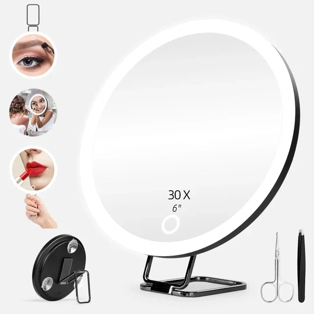 6 Inch Magnifying Mirror with Light 5-30X Portable Travel Magnified Mirror with 360 degrees Adjustable Stand and Suction Cup