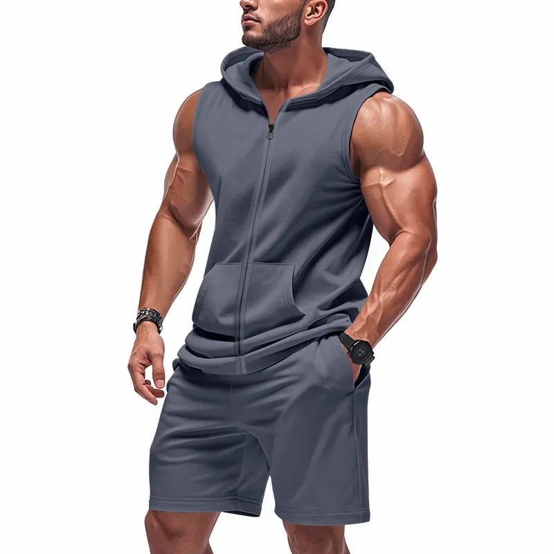 Cross Border  Summer American Men's Fitness Zip-up Hooded Loose Breathable Feature Waistcoat Shorts Tracksuit