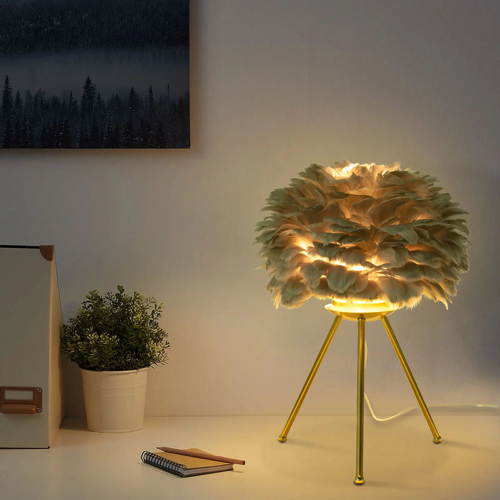 Grey Feather Table Lamp with Gold Finish, 46cm E26 Socket Night Light for Bedroom Living Room, Indoor Corded Electric Home Decor