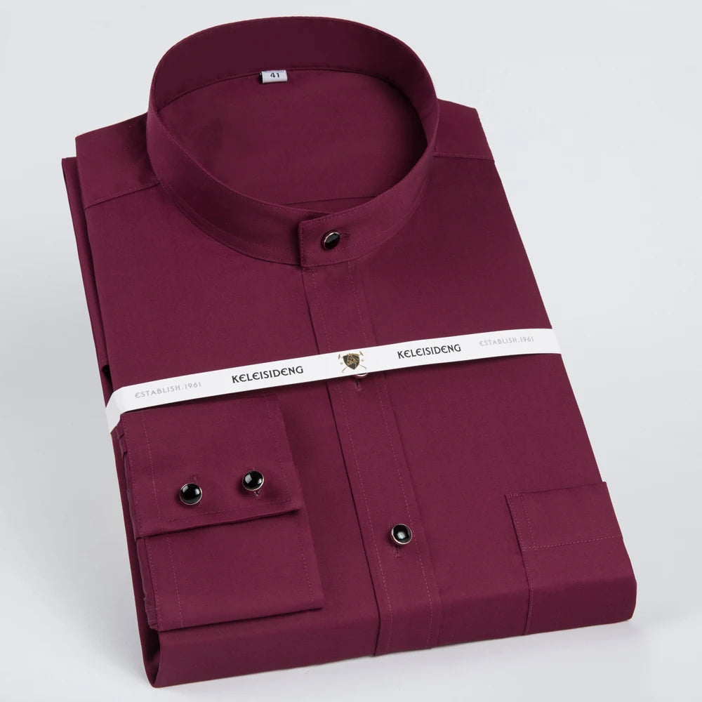 Men's Banded Collar Long Sleeve Solid Dress Shirts Single Patch Pocket Standard-fit Formal Business Casual Blouse Cotton Shirt