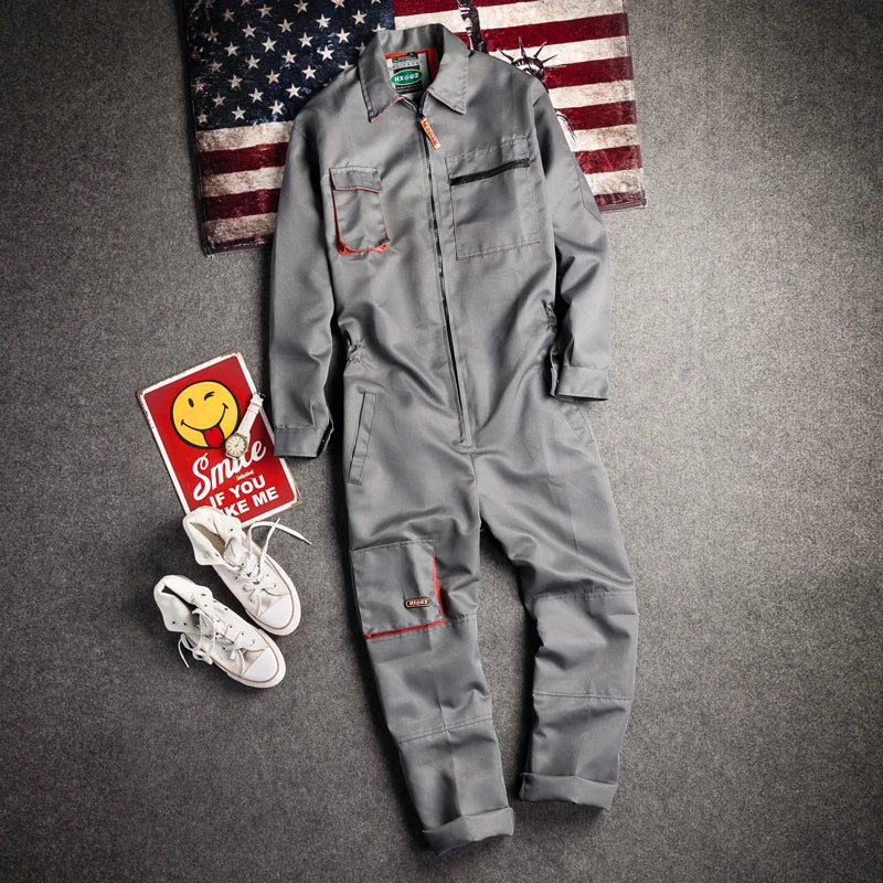New Men's Long-Sleeved Overalls with Zipper Pocket Jumpsuit Fashion Labor Casual Work Clothes Plus Size S-4xl