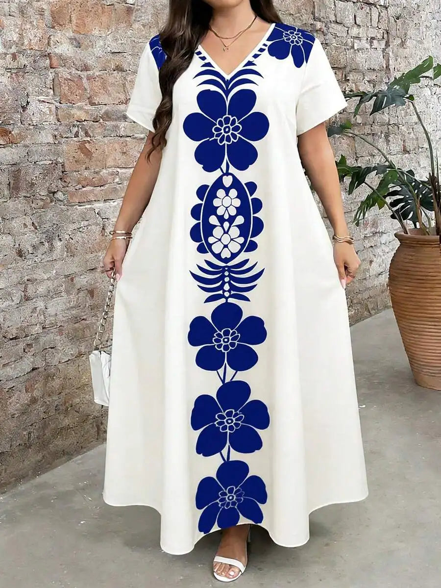 Boho Embroidered Maxi Dress V Neck Short Sleeve Loose Casual Summer Dress