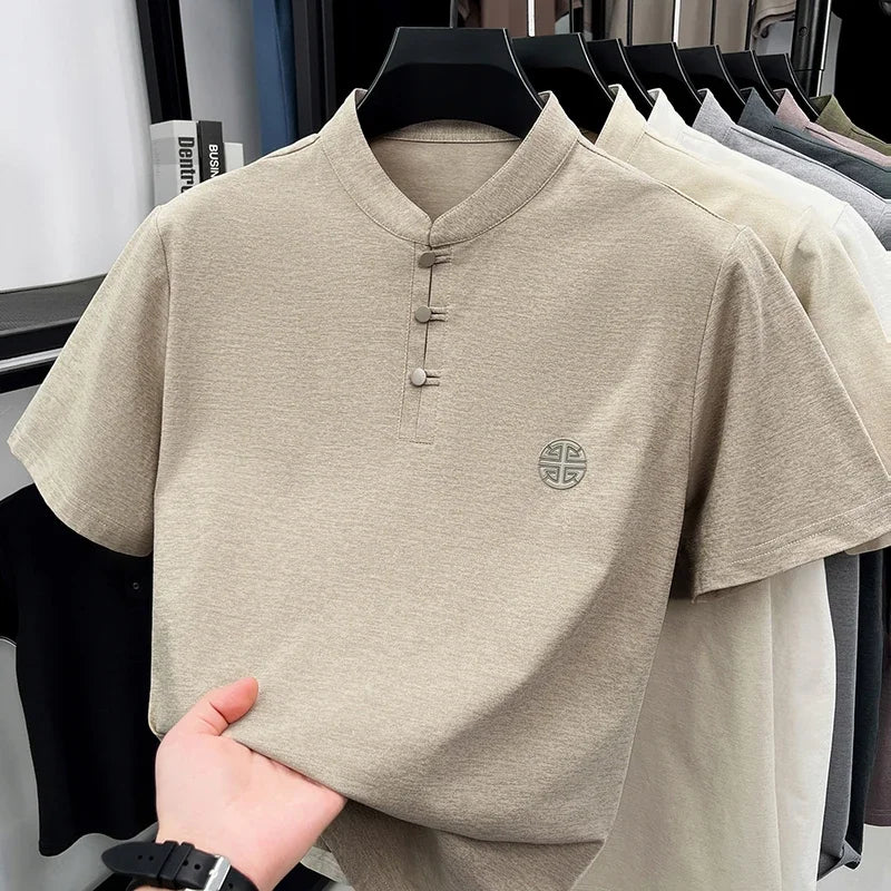 Men's Mandarin Collar Short Sleeve T-Shirt Casual Chinese Style Button Henley Shirt