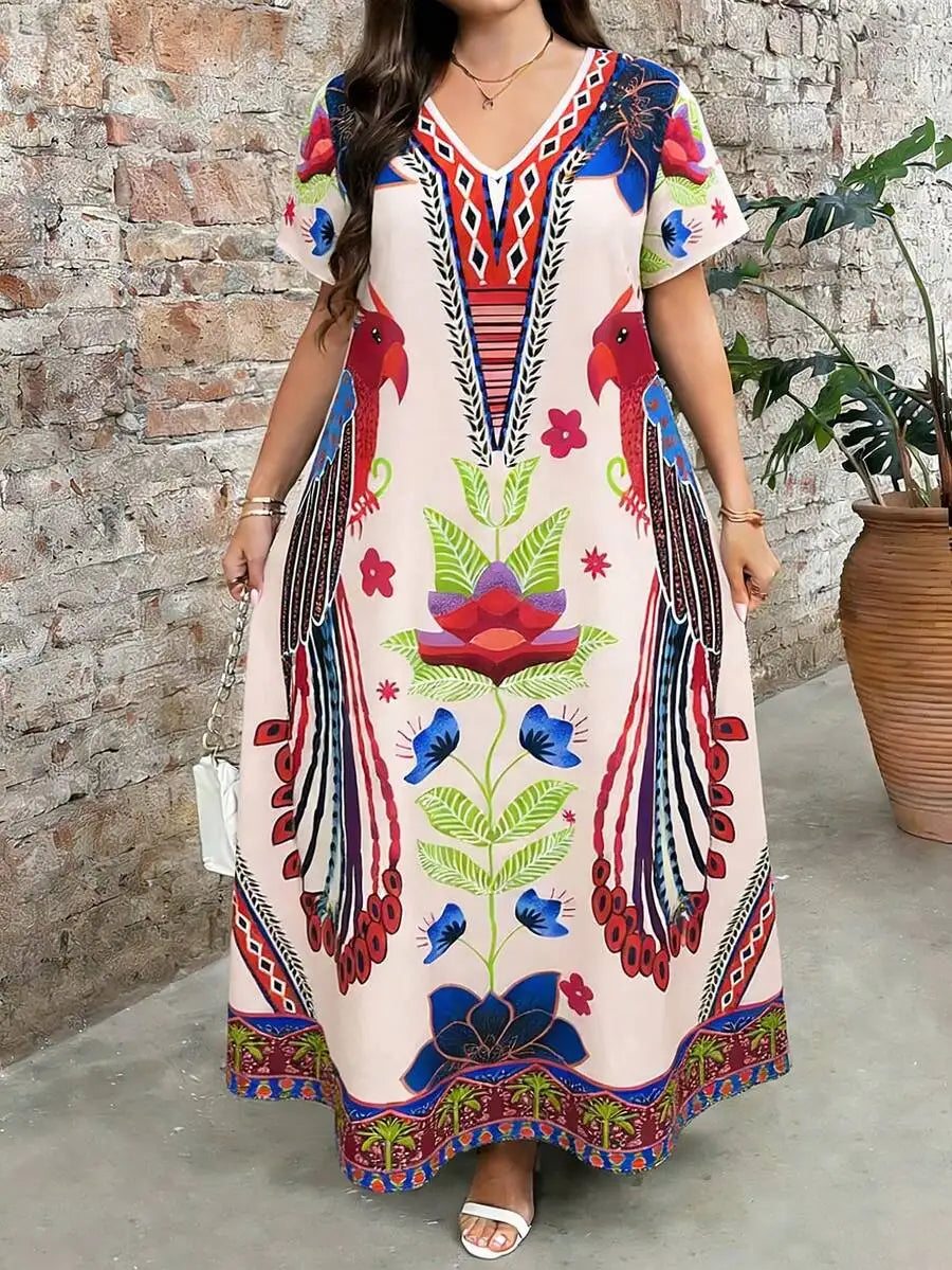 Boho Embroidered Maxi Dress V Neck Short Sleeve Loose Casual Summer Dress