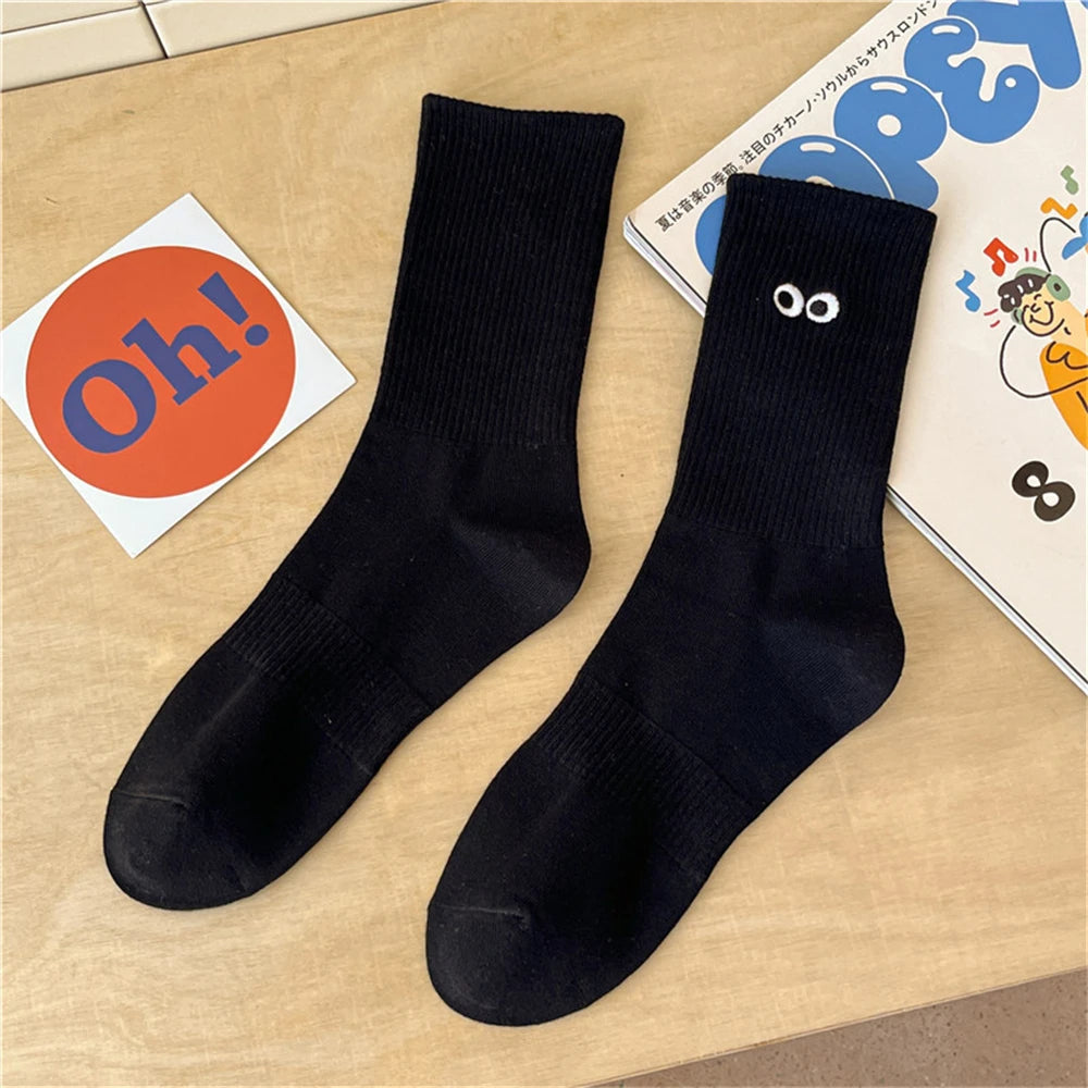 New Women's Embroidered Big Eyes Mid-Tube Socks Ins Trendy Colorful Cartoon Cute Soft Cotton Sports Sokken Dropship