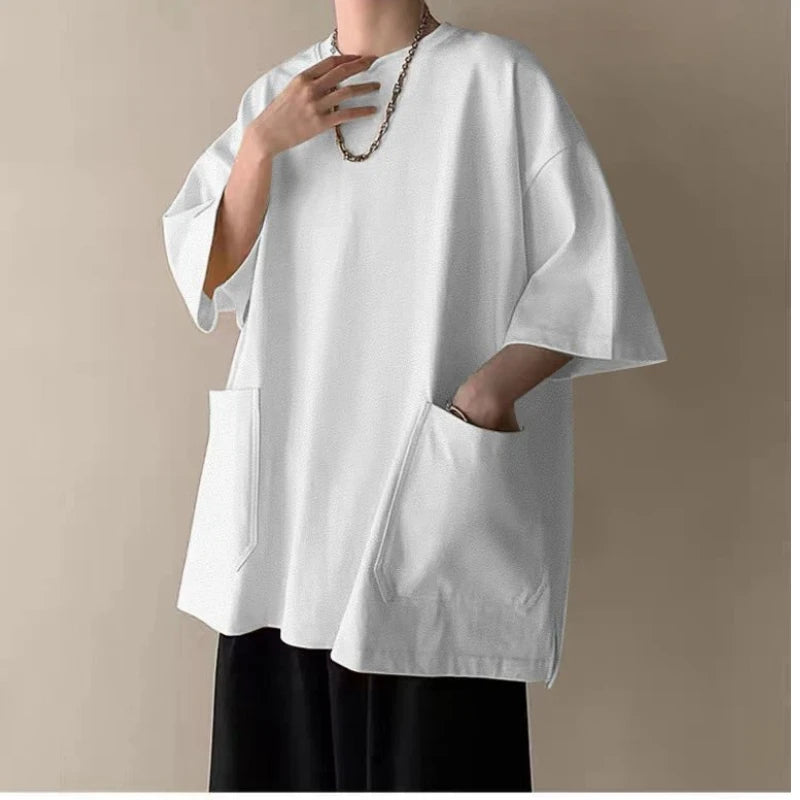 Men's Pocket Patchwork O-Neck Solid Short Sleeve T-Shirts Loose Fashion Summer New Plus Size Basic Tops Trend Casual Men Clothes