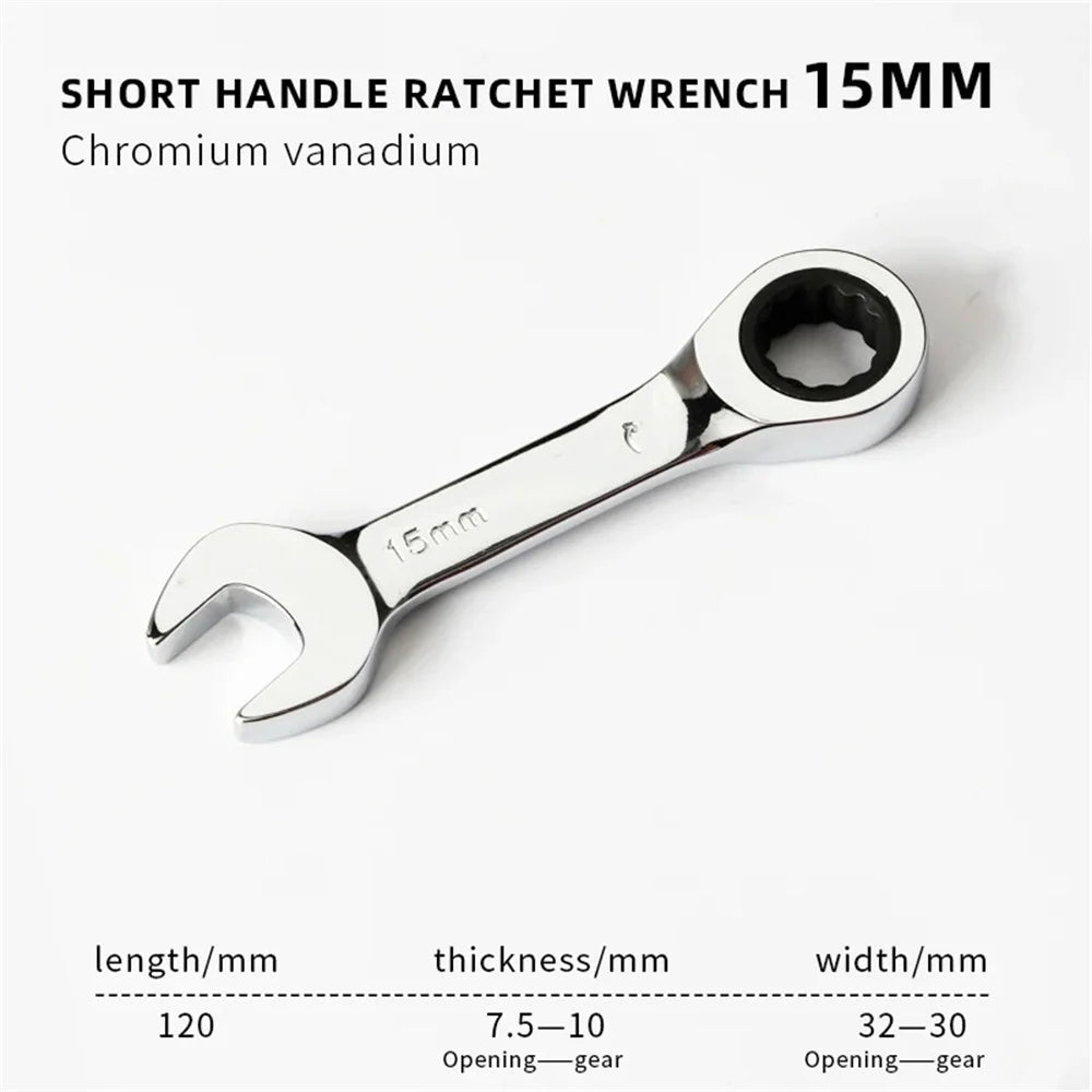 Short Handle Adjustable Head Ratchet Wrench Labor-Saving Dual-Purpose Auto Repair Hardware Tool For Nuts Bolts Fastening Work