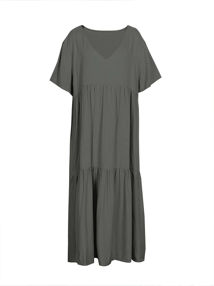 Plus Size Women's V Neck Pleated Solid Ankle Length Dress For Spring Summer