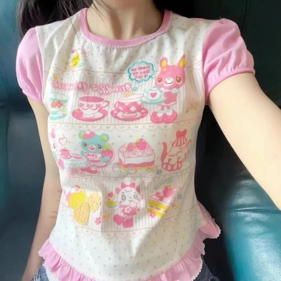Cute Summer Cartoon Short Sleeve Lace T-Shirt Little Girl's Sweet Heart Soft Comfortable round Neck Top Trendy Commute Style