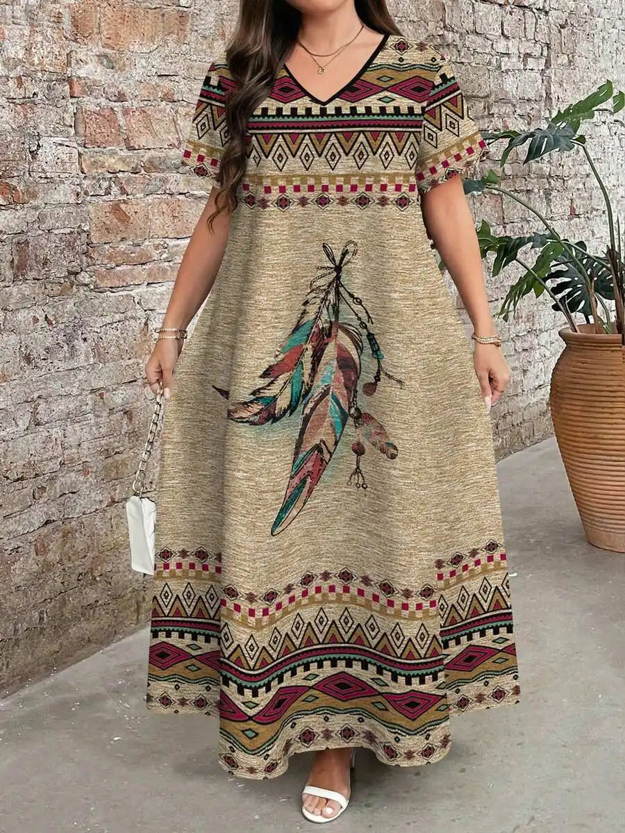 Boho Embroidered Maxi Dress V Neck Short Sleeve Loose Casual Summer Dress