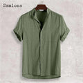 Men Short Sleeve Board Shirt Clothing 2025 New Summer Collarless Top Solid Green Linen Blouse Plus Size Mens Casual Beach Shirts