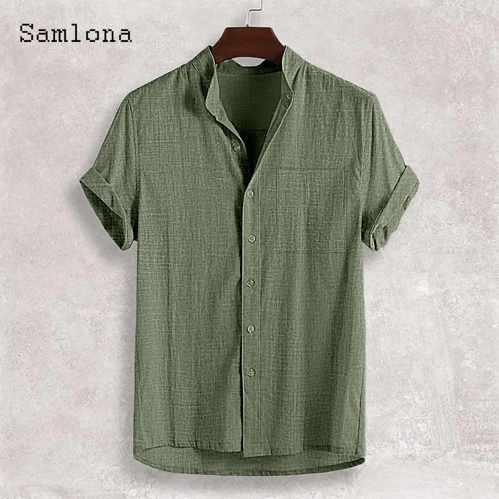 Men Short Sleeve Board Shirt Clothing 2025 New Summer Collarless Top Solid Green Linen Blouse Plus Size Mens Casual Beach Shirts