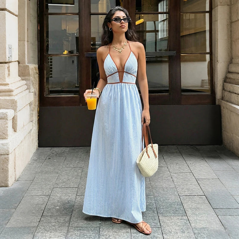 2026 Summer Striped Deep V Neck Backless Sleeveless Beach Long Dress