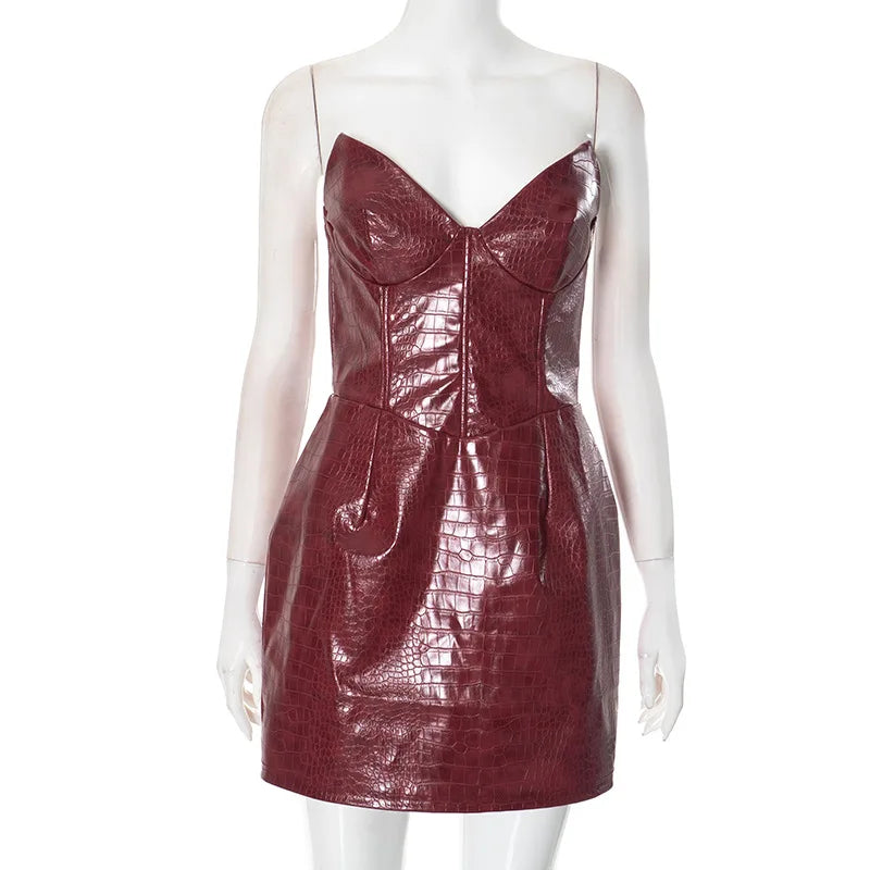 Luxury Leather Strapless Bandage Dress For Women Red Evening Cocktail 2025