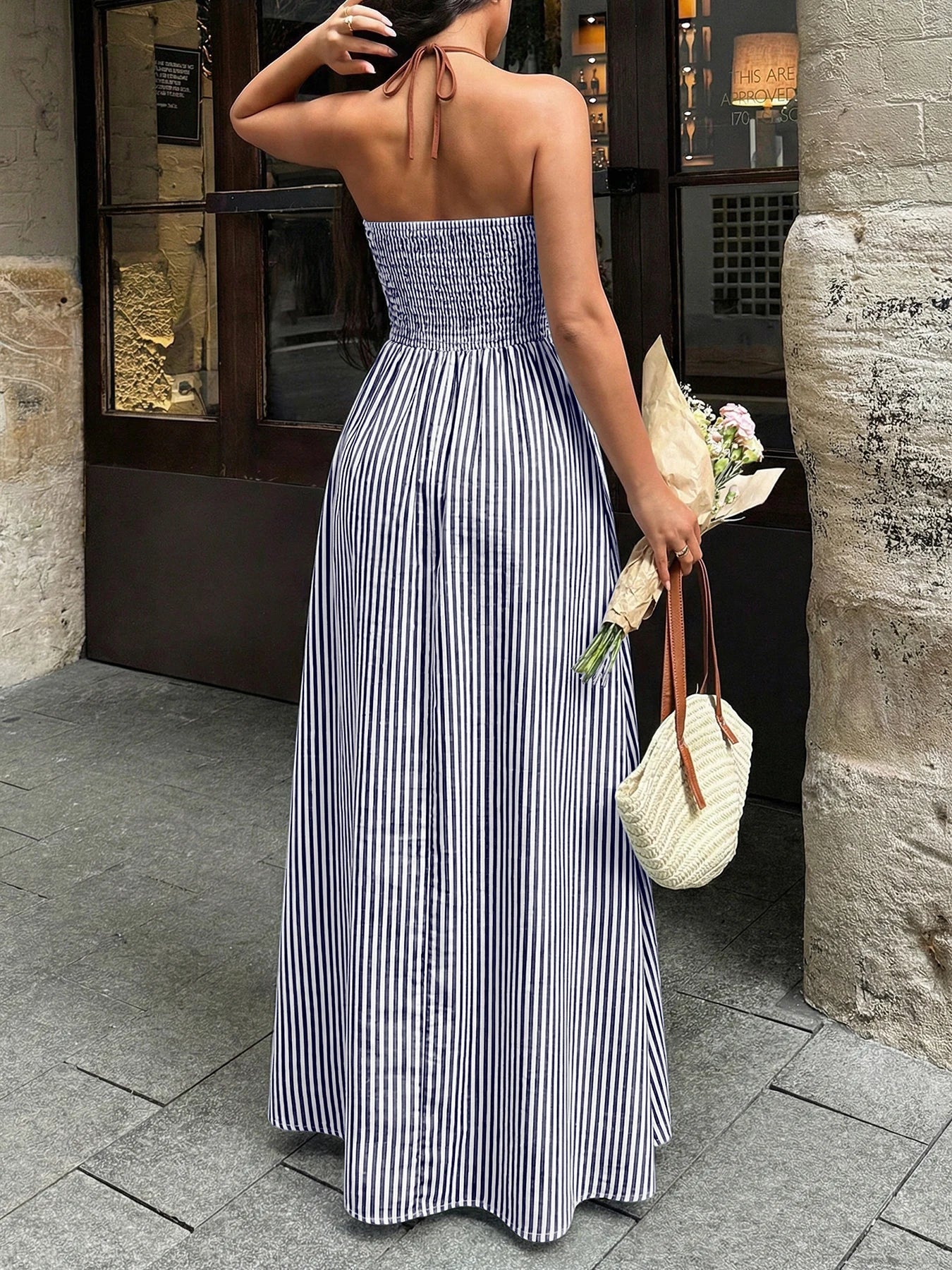 2026 Summer Striped Deep V Neck Backless Sleeveless Beach Long Dress