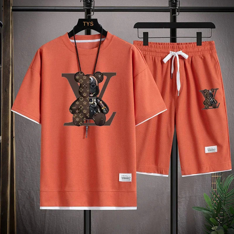 Summer new men's short-sleeved set, a fashionable outdoor casual men's short-sleeved T-shirt and sports shorts 2-piece set