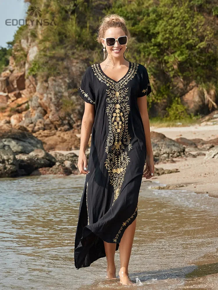 Embroidery Robe V-neck Batwing Sleeve Beach Maxi Dress Plus Size Loose Side Slit Summer Women Kaftans Dress Beachwear Q790