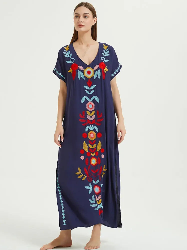 Embroidery Robe V-neck Batwing Sleeve Beach Maxi Dress Plus Size Loose Side Slit Summer Women Kaftans Dress Beachwear Q790