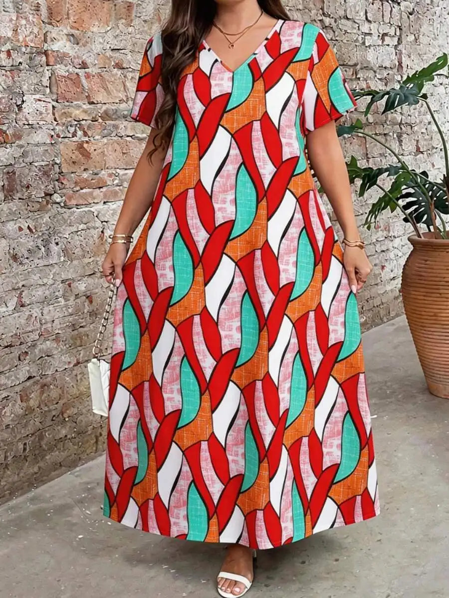 Boho Embroidered Maxi Dress V Neck Short Sleeve Loose Casual Summer Dress