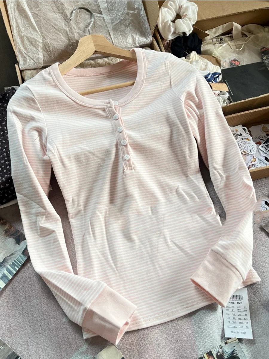 Pink Striped Slim Long Sleeve Tees Women Spring Casual Cotton O-neck Tshirt New Tops Clothes Sweet Cute  Vintage T-shirts Y2K