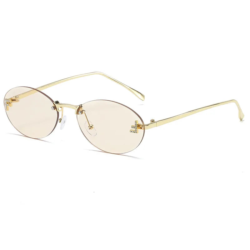 Fashion Oval Frameless Sunglasses Women Sparkling Rhinestone F Design Luxury Sun Glasses Girls shopping travelling eyeglasses