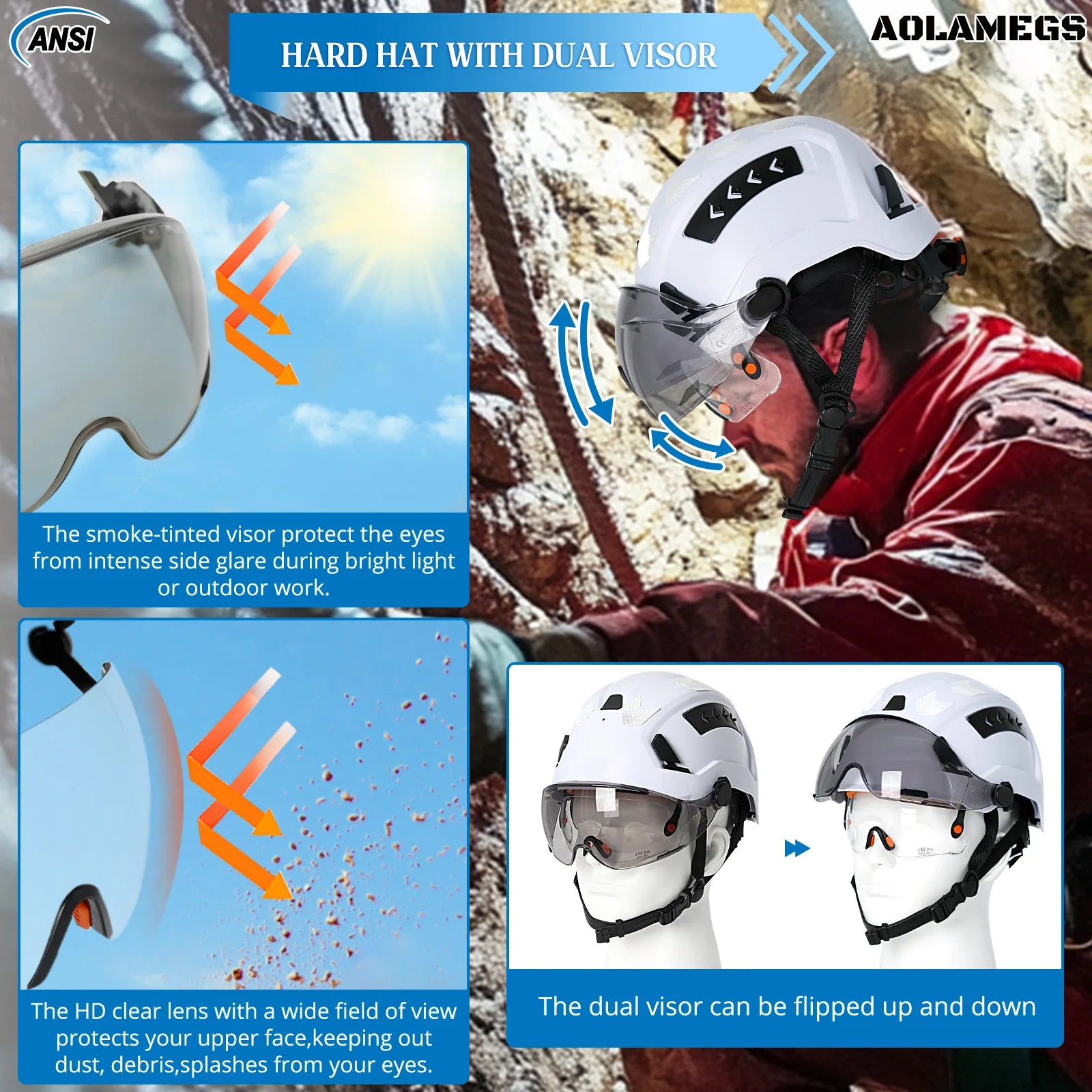 CE Construction Safety Helmet with Double Goggles Built-In Visors Reflective Stickers Hard Hat ANSI Industrial Work Engineer Cap