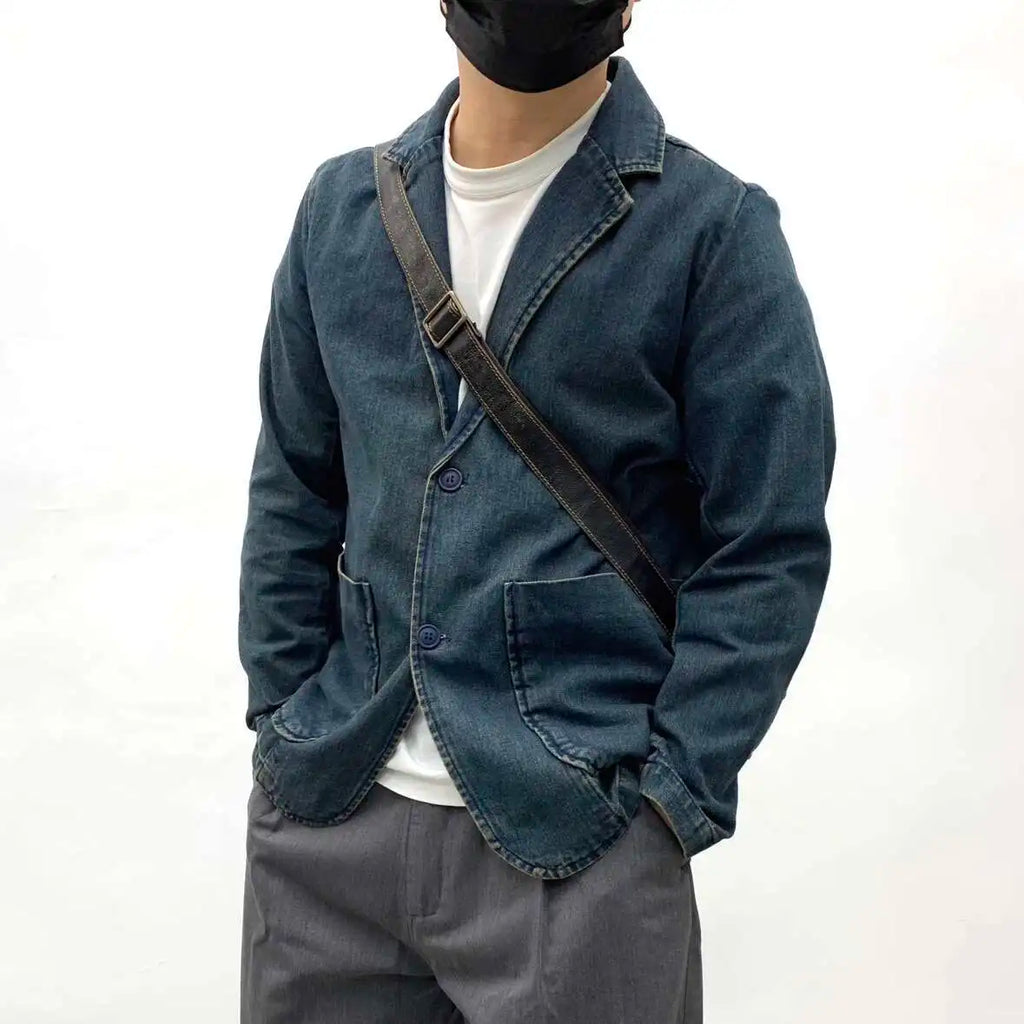 Men's Casual Denim Single Blazer Jacket Vintage Washed Distressed Overshirt Loose Fit Workwear Suit Coats