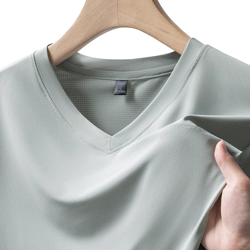 Plus Size 7XL 8XL short-sleeved T-shirt Men new summer ice silk V-neck casual pure color T-shirt outdoor sport Jogging Tops Tees