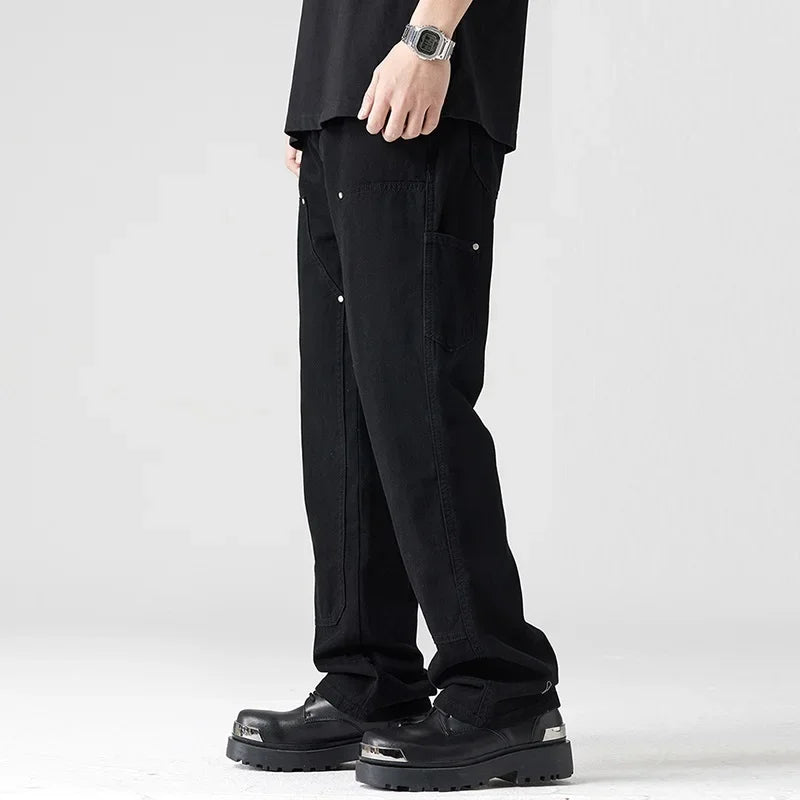 Men Pant Casual Straight Wide Leg Cargo Trouser Male Winter Fleece Lined Warm Cotton Loose Style Carpenter Streetwear