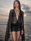 Kliou Mesh Irregular See Through Women Mini Dress Long Sleeve Deep Neck Bandage