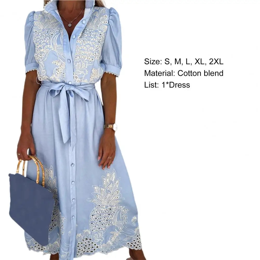 Lace-up Women Shirt Dress 2024 Summer Elegant Single Breasted Puff Sleeve Maxi Dress Vestidos Bohemian Sundress Party Robe