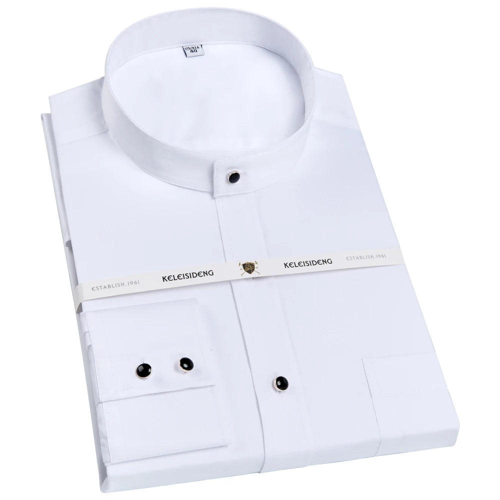Men's Banded Collar Long Sleeve Solid Dress Shirts Single Patch Pocket Standard-fit Formal Business Casual Blouse Cotton Shirt
