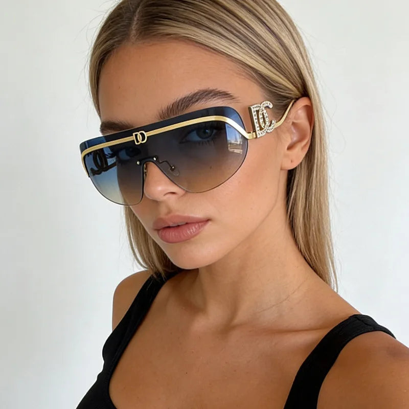 2026 Luxury Women Rimless Shield Aviator Sunglasses Gold Metal Frame Letter Accent Shades UV400 Eyewear for Women Lentes De Sol