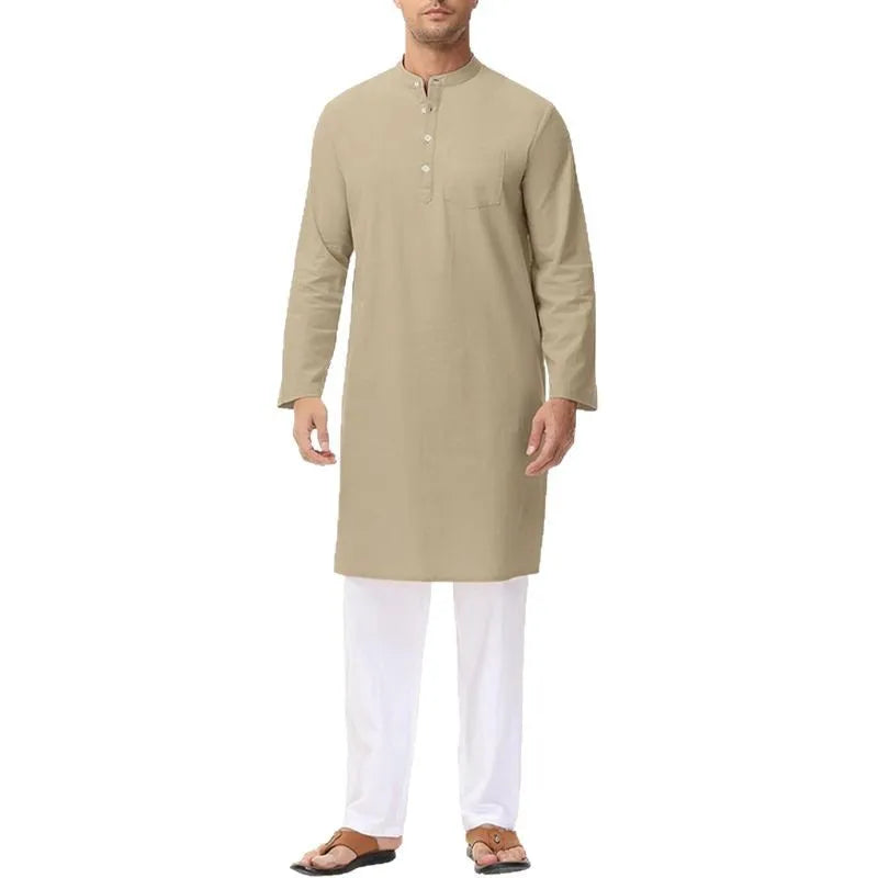 New Leisure Men Muslim Shirt Islamic Arabian Cotton Stand Collar Long Sleeve Blouse Pakistani High Quality Retro Long Tops S-3XL
