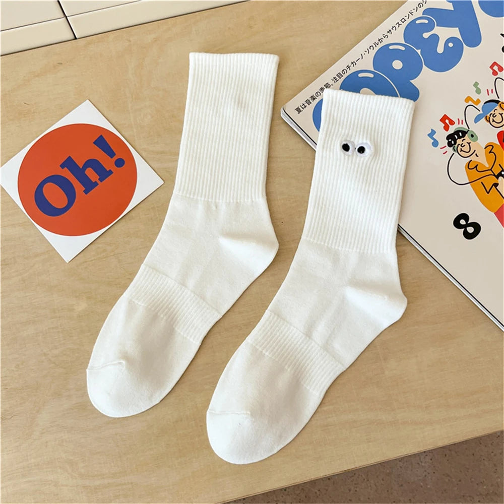New Women's Embroidered Big Eyes Mid-Tube Socks Ins Trendy Colorful Cartoon Cute Soft Cotton Sports Sokken Dropship