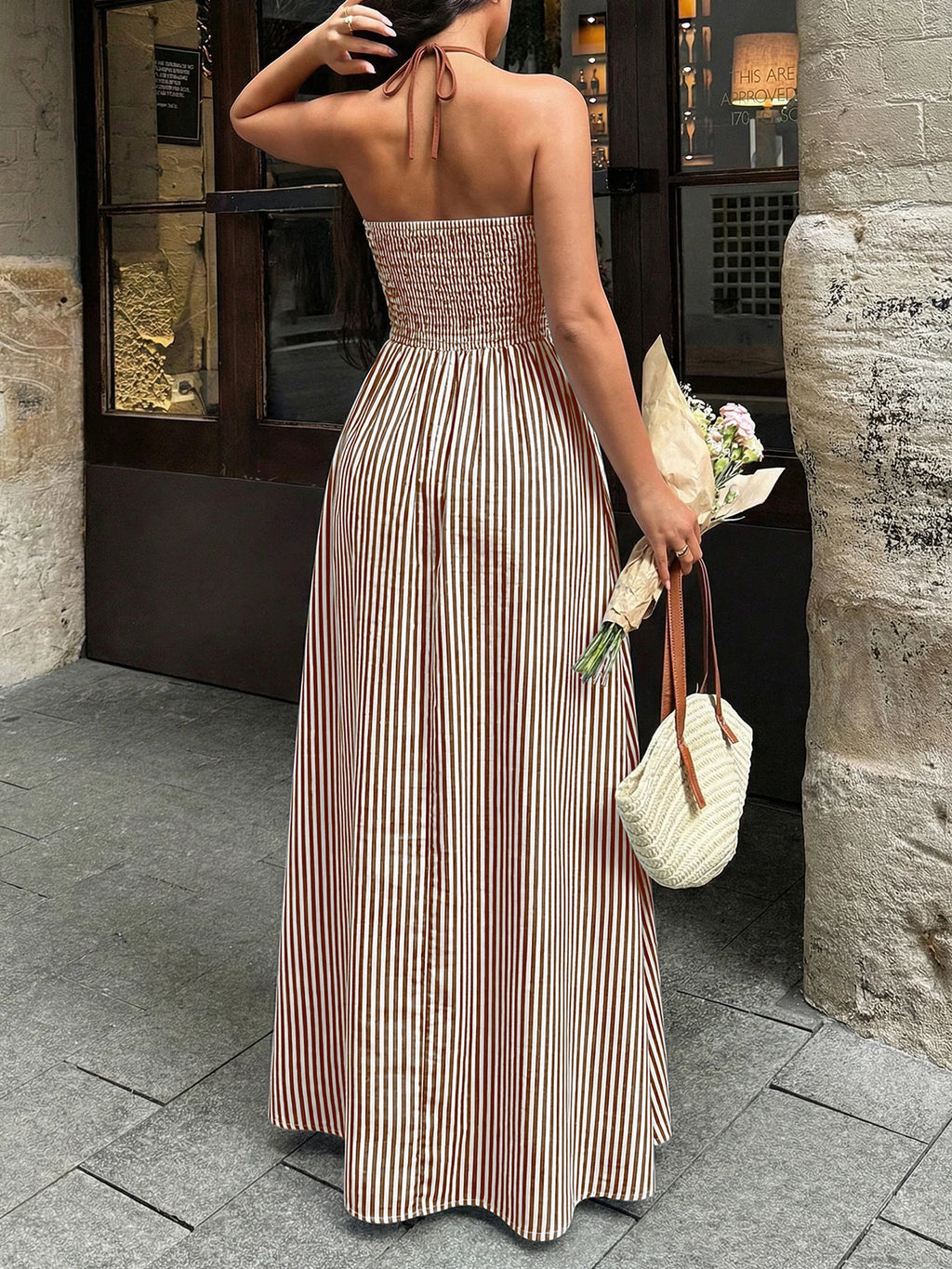 2026 Summer Striped Deep V Neck Backless Sleeveless Beach Long Dress