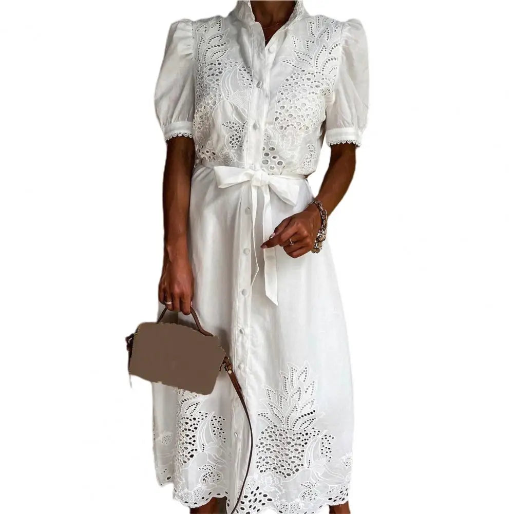 Lace-up Women Shirt Dress 2024 Summer Elegant Single Breasted Puff Sleeve Maxi Dress Vestidos Bohemian Sundress Party Robe