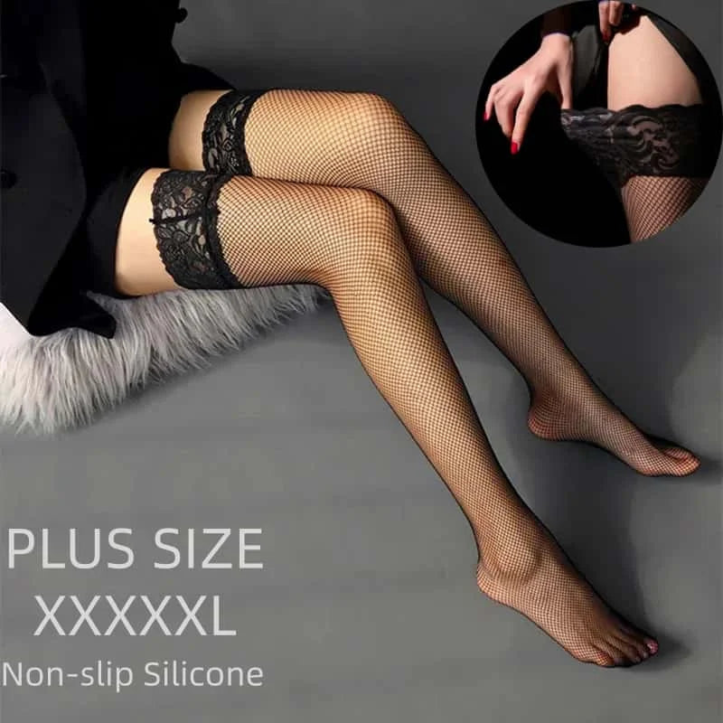 Sexy Black Lace Top Silicone Non-slip Fishnet Stockings for Oversize Women Plus Large Size Over Knee Thigh High Long Socks XXXXL