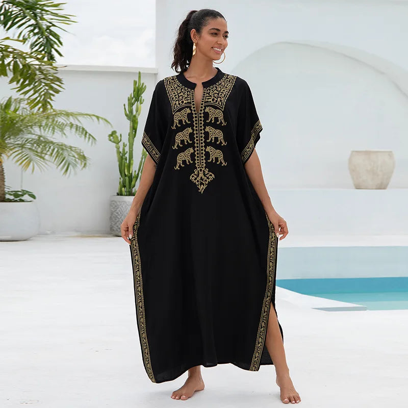 Embroidery Beach Kaftan Cover up Saida de Praia Swimsuit Bikini cover up Tunics for Beach Pareo Sarong Beachwear