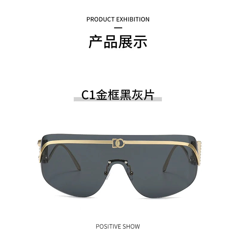 2026 Luxury Women Rimless Shield Aviator Sunglasses Gold Metal Frame Letter Accent Shades UV400 Eyewear for Women Lentes De Sol