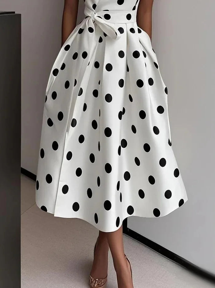 Women's  Polka Dot Sleeveless Dress V-Neck Wrap Bodice Waist Belt Tie Pleated Dress Side Pockets Elegant Party & Office Outfit